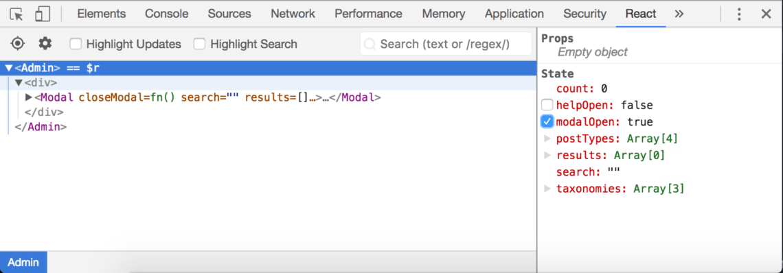 The State pane in the React panel