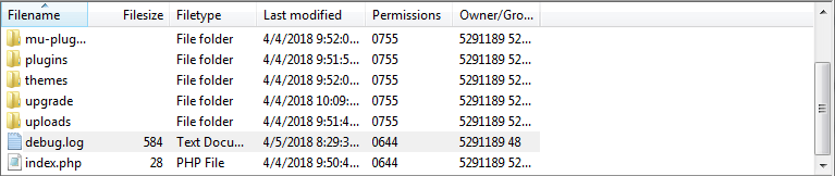 WordPress Error log file in FileZilla.